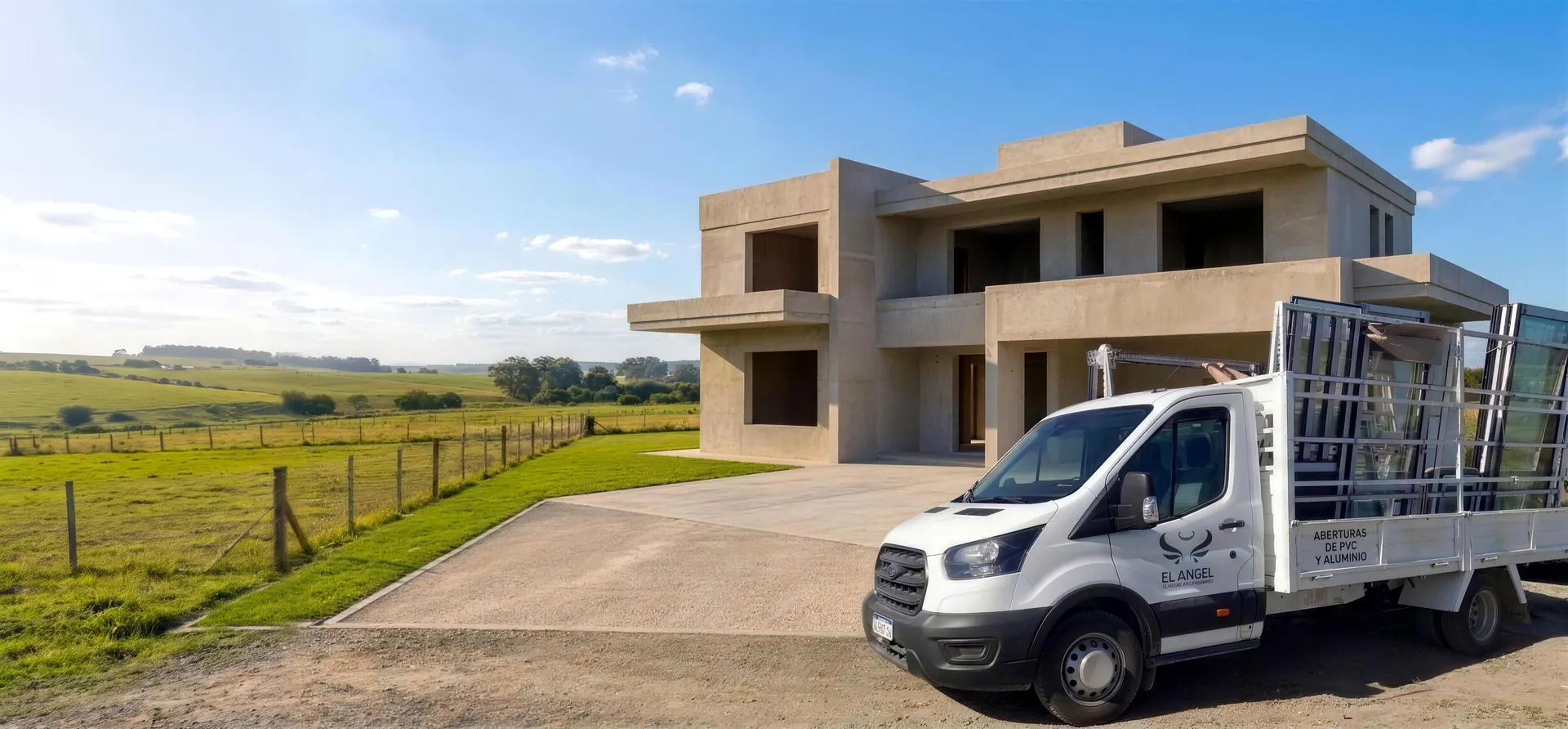 La camioneta de El Angel, cargada de ventanas, llega a una casa en obra en el campo que todavía no tiene aberturas