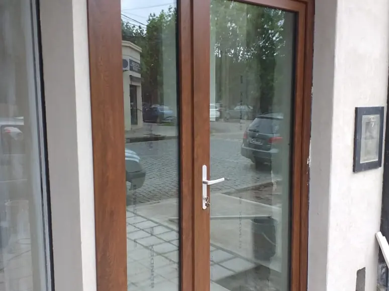 Puerta doble vidriada de PVC roble dorado