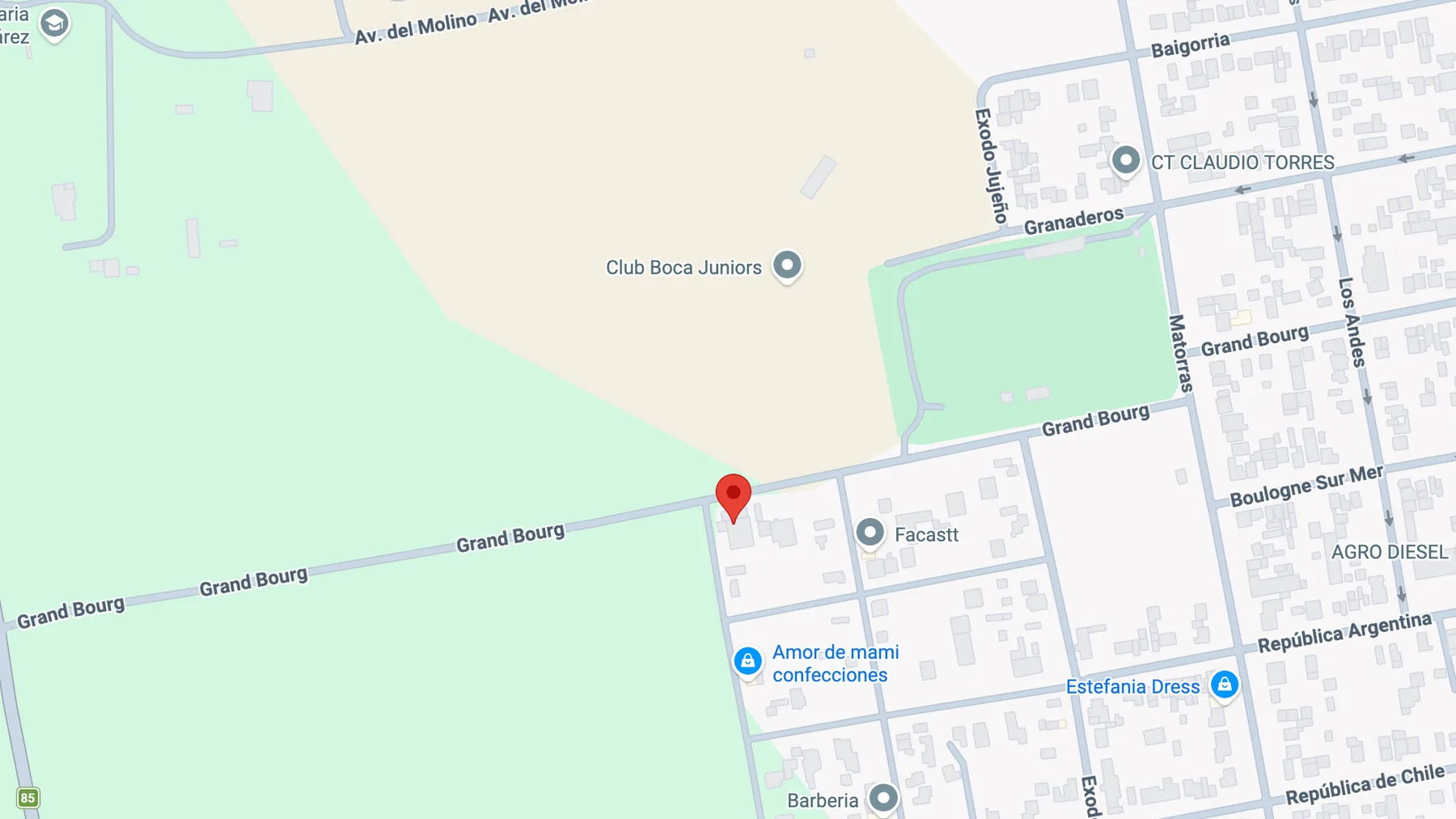 Mapa de Google con la ubicación del showroom de El Angel, sobre Grand Bourg, en Coronel Suárez