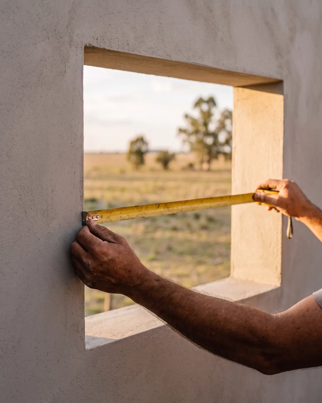 Dos manos miden con una cinta el vano de una ventana, en una pared revocada y prolija