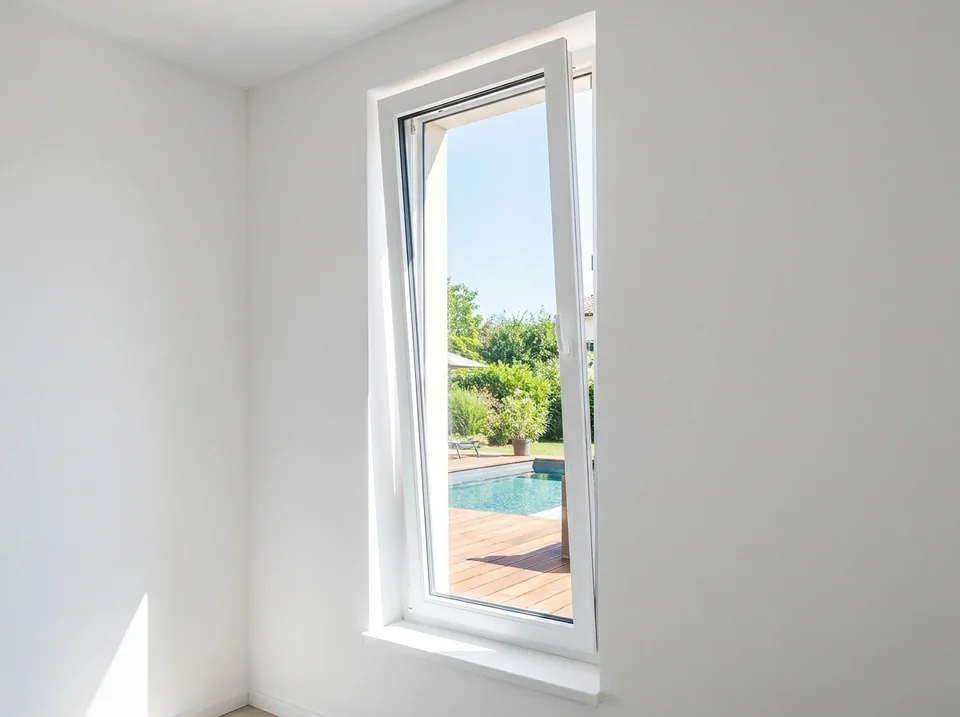 Ventana oscilobatiente de PVC blanco, inclinada hacia adentro