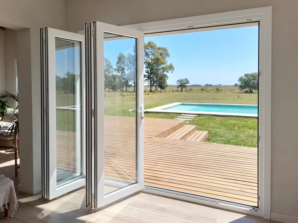 Puerta corredera plegable de PVC blanco, plegada a un costado